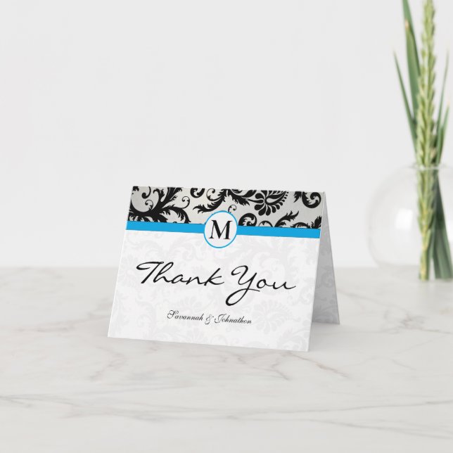 Black Damask Aqua Hawaiian Surf Thank You (Front)