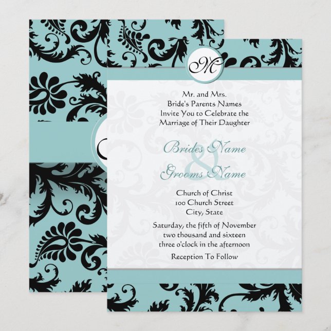 Black Damask Aqua Pool Blue Wedding Invitation (Front/Back)