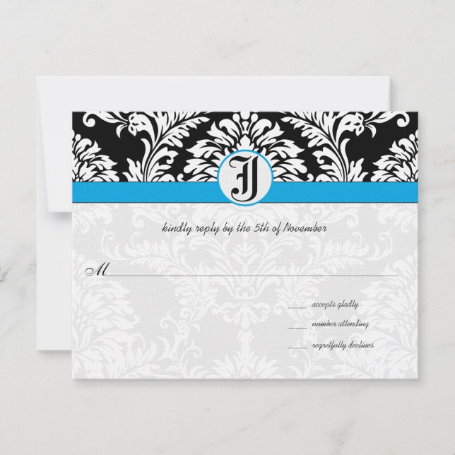 Black Damask Aquamarine Trim Wedding RSVP Cards (Front)