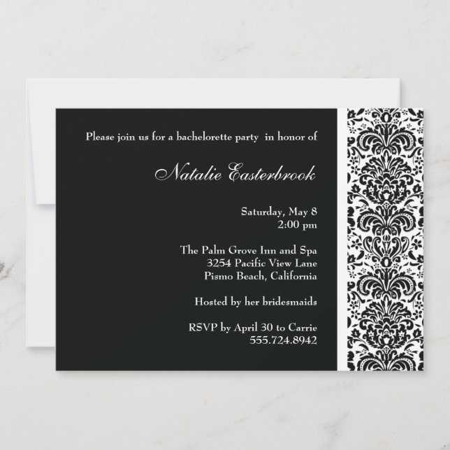 Black Damask Bachelorette Party Invitation (Front)