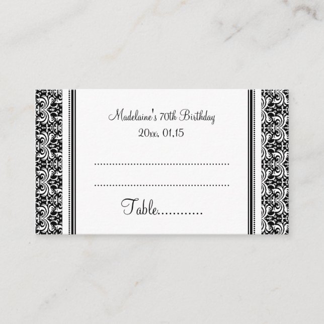 Black Damask Birthday Table Place Setting Cards (Front)
