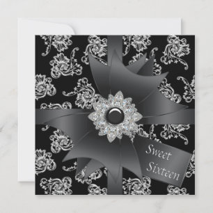 Black Damask Black White Sweet 16 Party Invitation
