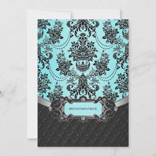 Black Damask Blue Wedding Invitations (Front)