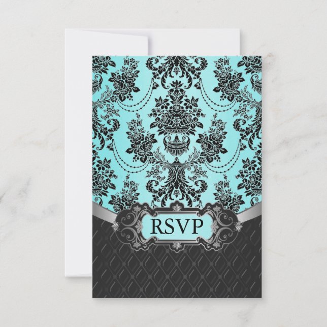 Black Damask Blue Wedding RSVP Cards (Front)