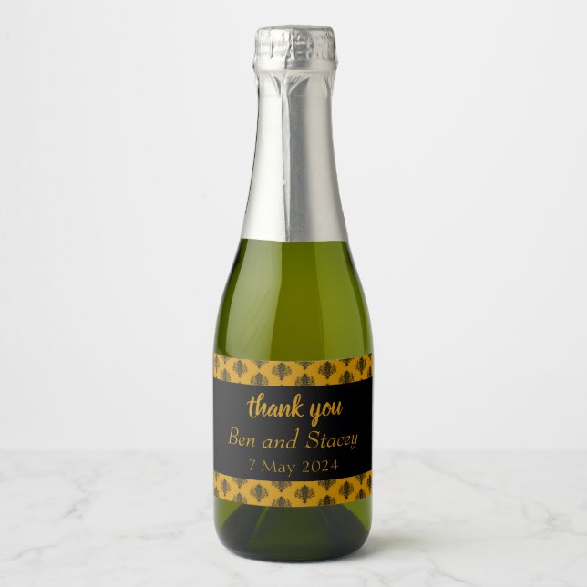 Black damask brown wedding sparkling wine label (Front)