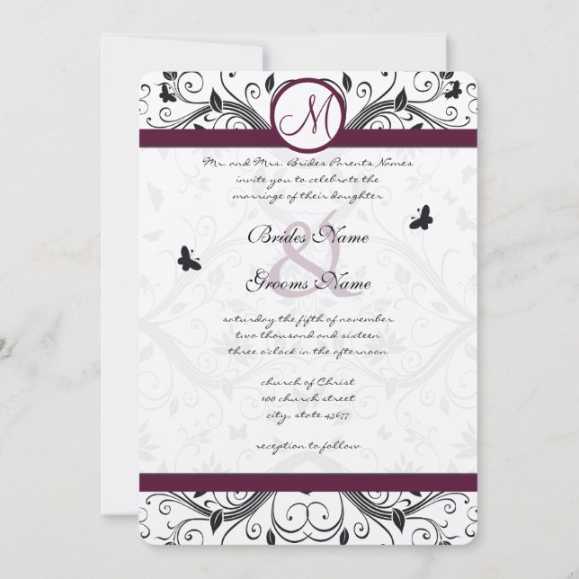 Black Damask Butterfly Swirls Plum Wedding Invites (Back)