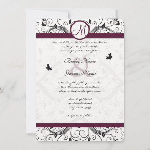 Black Damask Butterfly Swirls Plum Wedding Invites