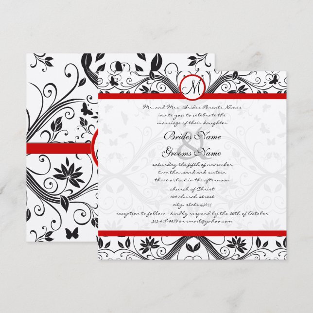 Black Damask Butterfly Swirls Red Wedding Invites (Front/Back)