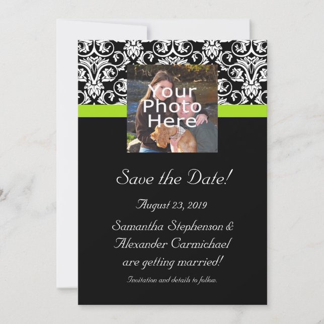 Black Damask Chartreuse Green Photo Save the Date Invitation (Front)