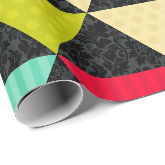 Black Damask Colourful Triangles Stripes Polka Dot Wrapping Paper (Roll Corner)