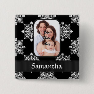 Black damask custom photo 15 cm square badge