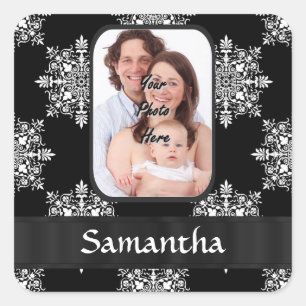 Black damask custom photo square sticker