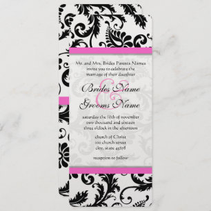 Black  Damask  Deep Pink Trim Wedding Invitation