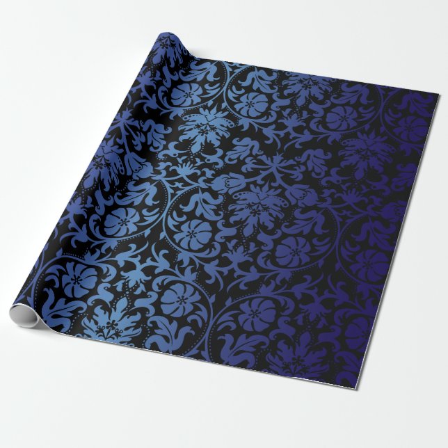 Black Damask Design | Dark Blue Wrapping Paper (Unrolled)