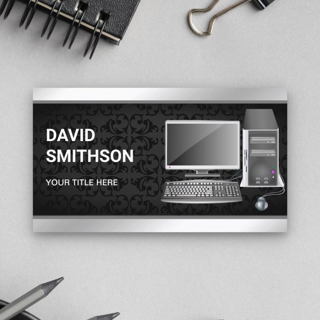 Black Damask Desktop PC Computer Repair Technician Business Card (Creator Uploaded)