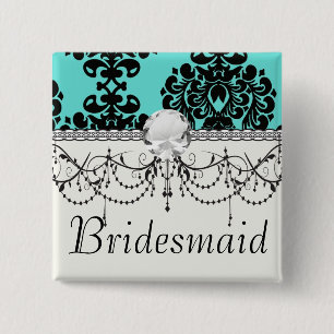 black damask elegance on aqua blue 15 cm square badge
