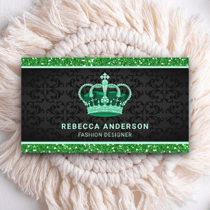 Black Damask Faux Green Glitter Royal Crown Business Card