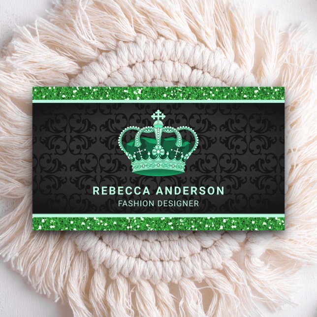 Black Damask Faux Green Glitter Royal Crown Business Card (Creator Uploaded)