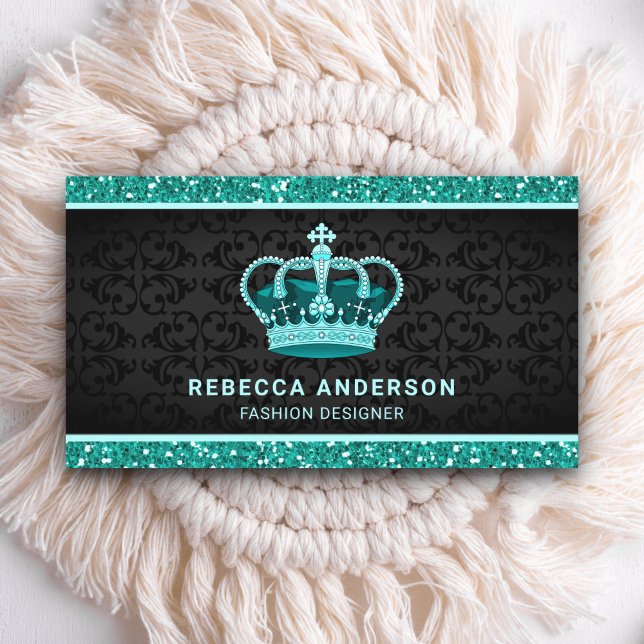 Black Damask Faux Teal Mint Glitter Royal Crown Business Card (Creator Uploaded)