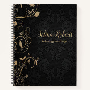 Black damask floral gold glitter notebook