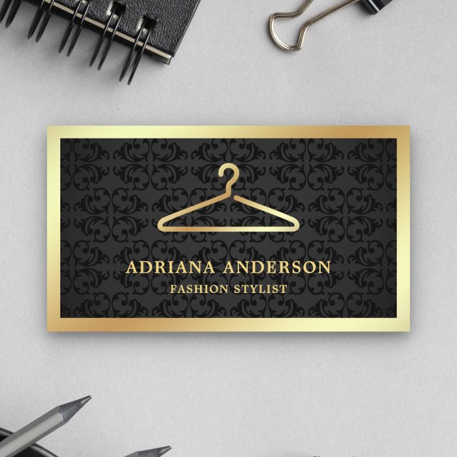 Black Damask Gold Clothes Hanger Fashion Stylist Business Card (Creator Uploaded)