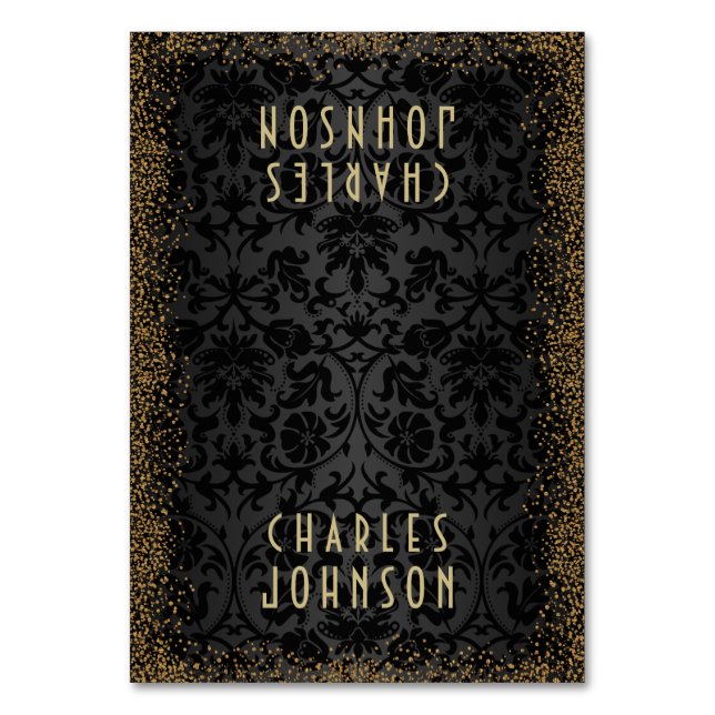 Black Damask & Gold Confetti Glitter - Place Cards (Front)