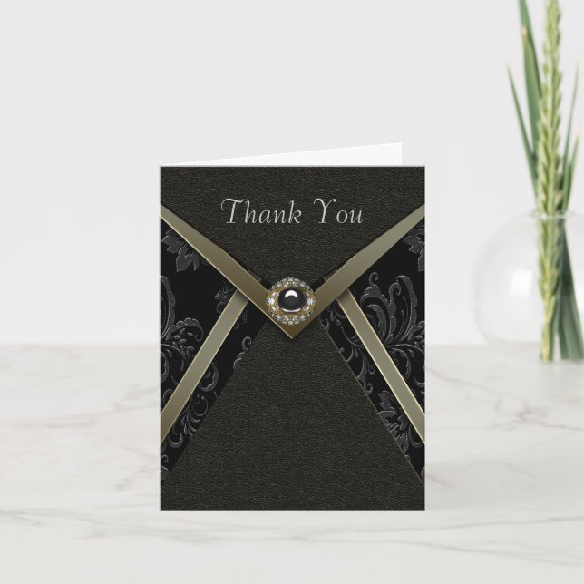 Black Damask Gold Diamond Jewel Thank You Cards (Front)