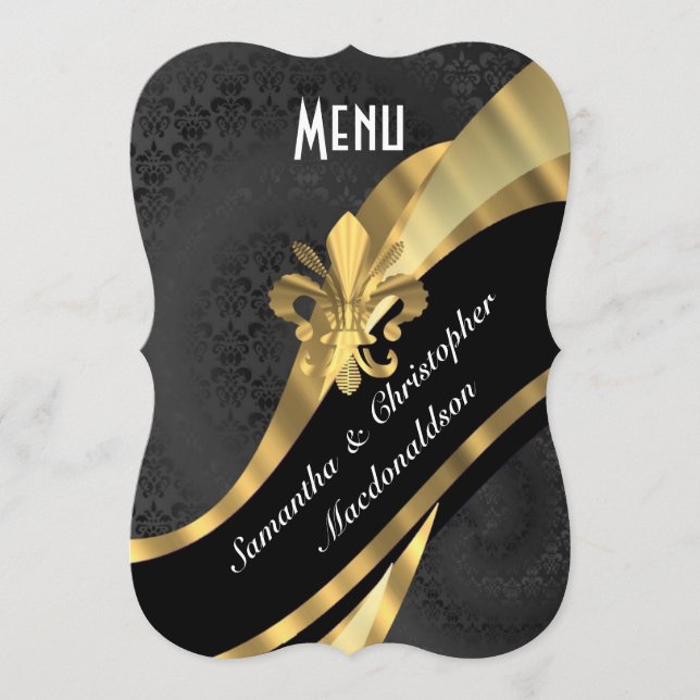 Black damask gold elegant formal wedding menu (Front)