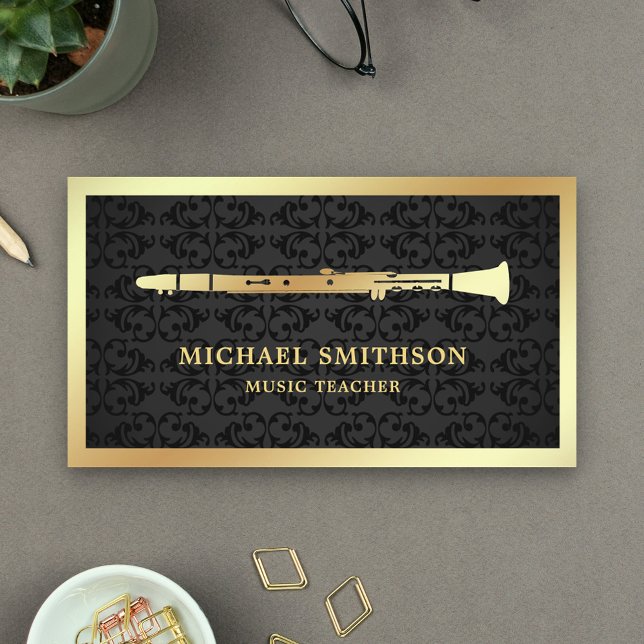 Black Damask Gold Foil Clarinet Music Teacher Business Card (Creator Uploaded)