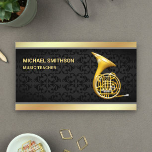 Black Damask Gold Foil French Horn Music Teacher Business Card