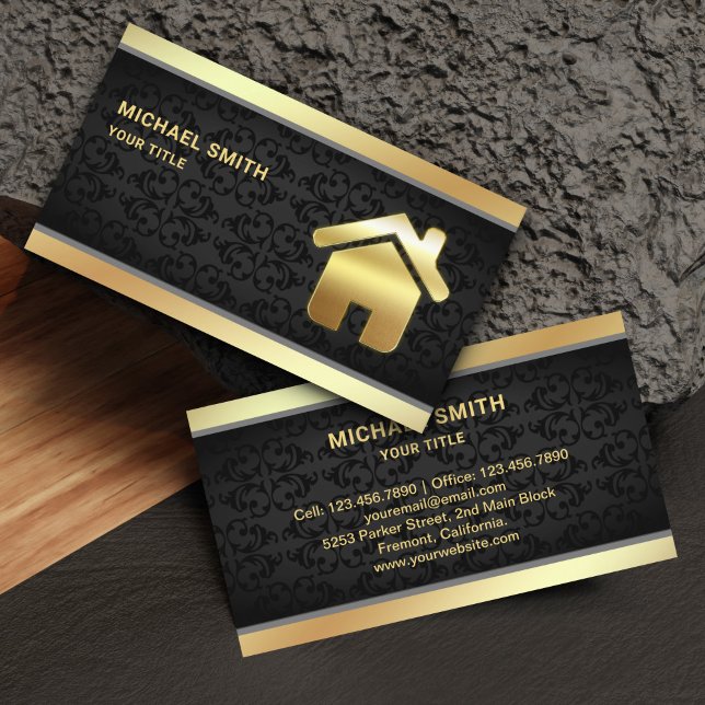 Black Damask Gold Foil Home Logo Real Estate Agent Business Card (Creator Uploaded)