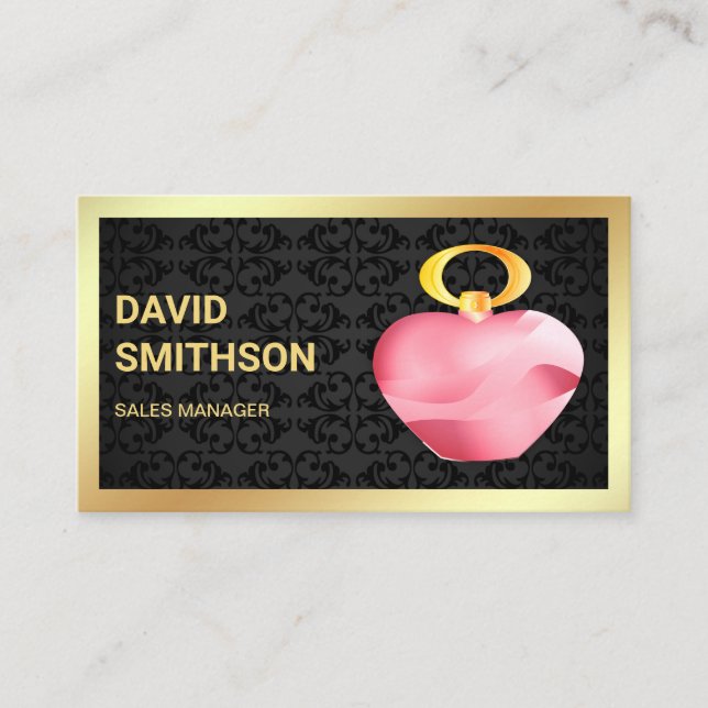 Black Damask Gold Foil Pink Perfume Bottle Business Card (Front)