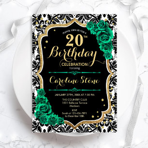 Black Damask Gold Green Roses 20th Birthday Invitation