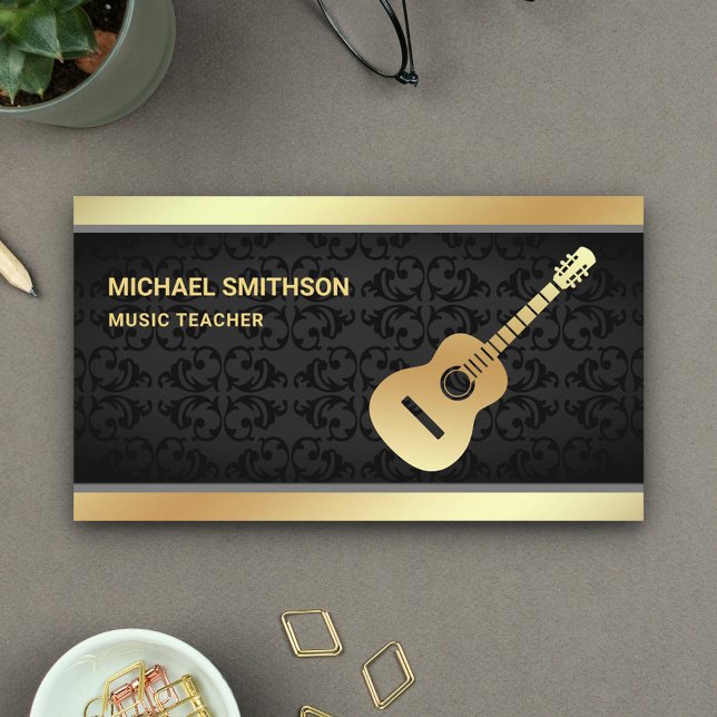 Black Damask Gold Guitar Music Teacher Guitarist Business Card (Creator Uploaded)
