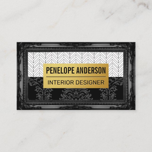 Black Damask Gold Metal | Classic Frame Business Card (Front)