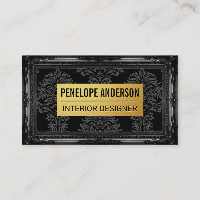Black Damask Gold Metal | Classic Frame Business Card (Front)