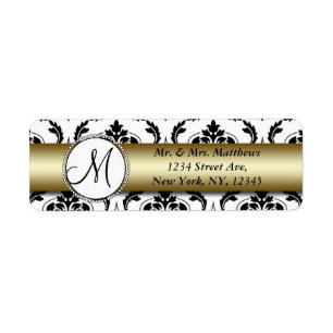 Black Damask Gold Monogram Return Address Label