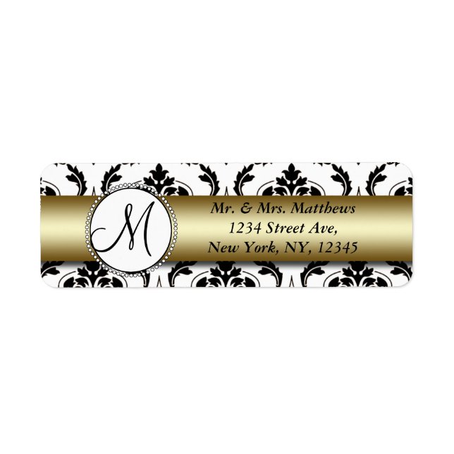 Black Damask Gold Monogram Return Address Label (Front)