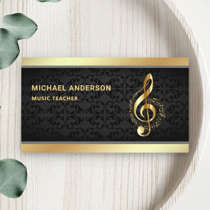 Black Damask Gold Musical Note Clef Music Teacher Business Card