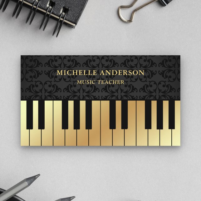 Black Damask Gold Piano Keyboard Teacher Pianist Business Card (Creator Uploaded)