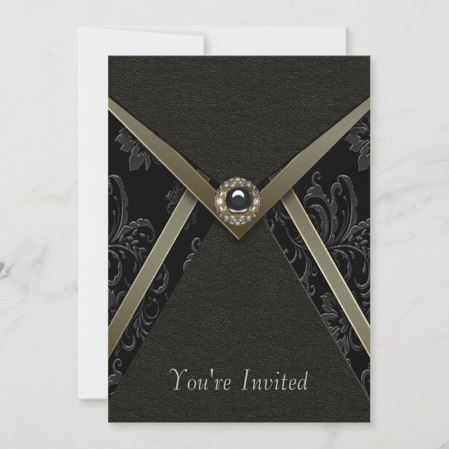 Black Damask Gold Trim Black Invitation Template (Front)