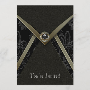 Black Damask Gold Trim Black Invitation Template