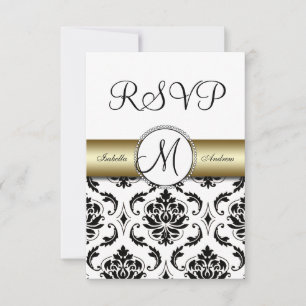 Black Damask Gold Wedding RSVP Card