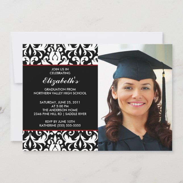 Black Damask Graduation Invitation with Photo (Front)