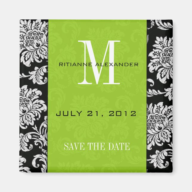 Black Damask Green Monogram Save The Date Magnet (Front)