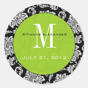 Black Damask Green Monogram Wedding Sticker