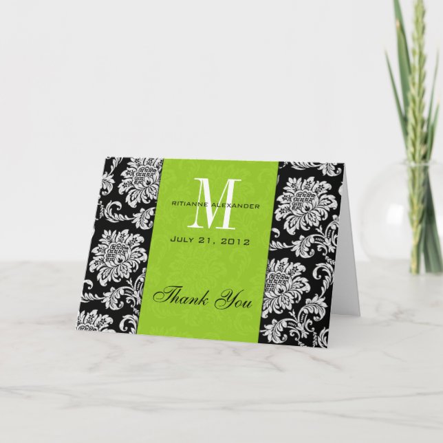 Black Damask Green Monogram Wedding Thank You Card (Front)
