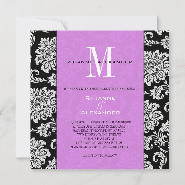 Black Damask Light Purple Monogram Invitation (Front)