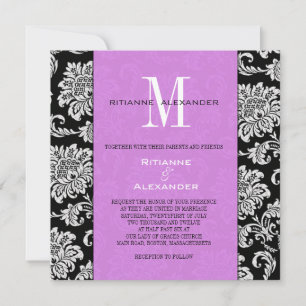 Black Damask Light Purple Monogram Invitation