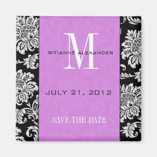 Black Damask Light Purple Monogram Save The Date Magnet